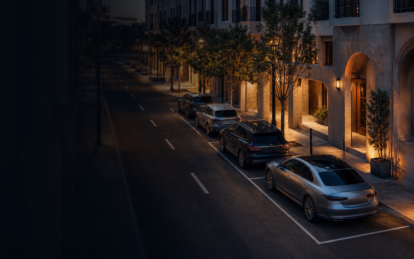 A calm city street with organized curbside parking