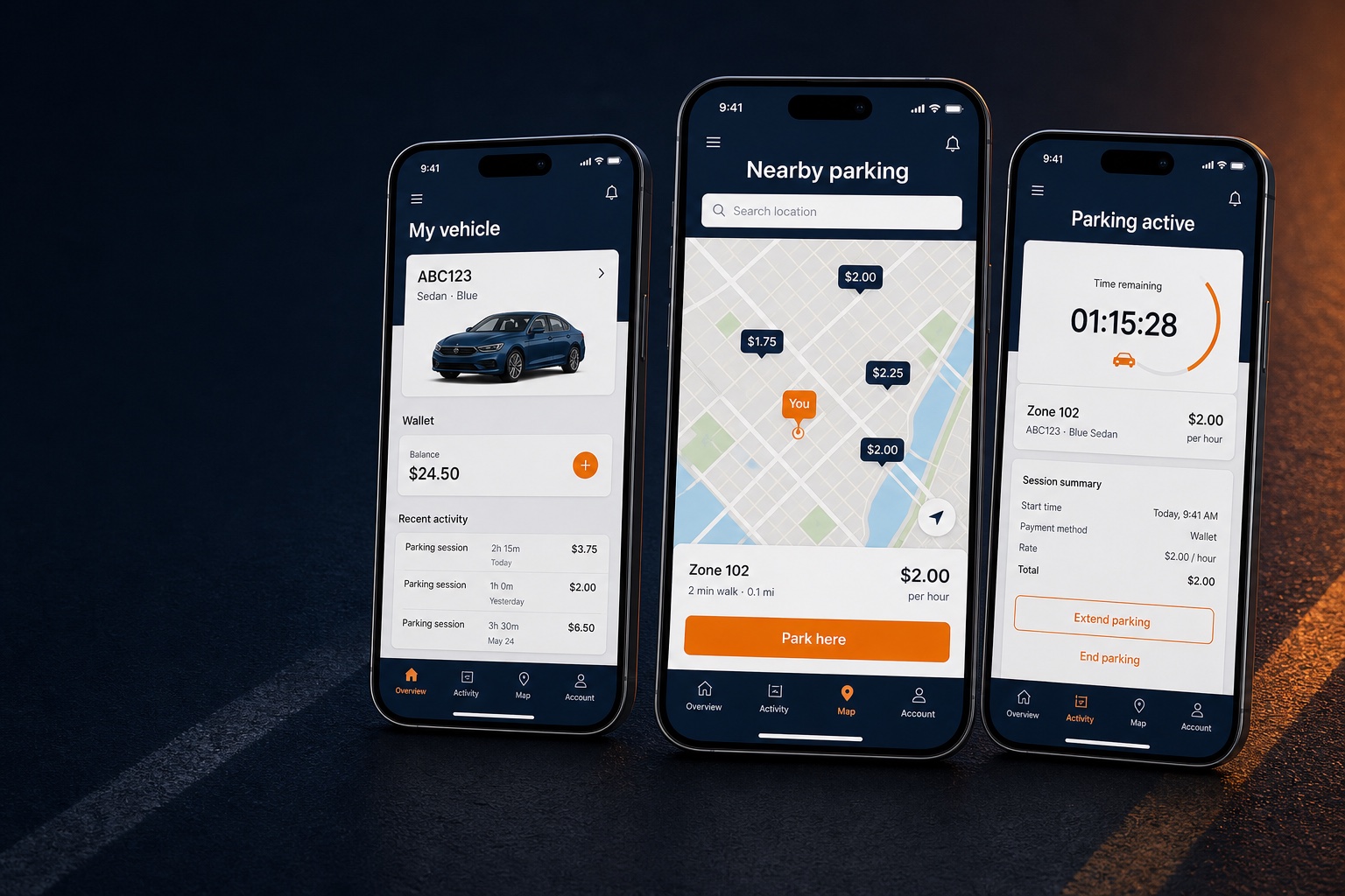 Three phones showing PickPark vehicle, nearby parking, and active session views